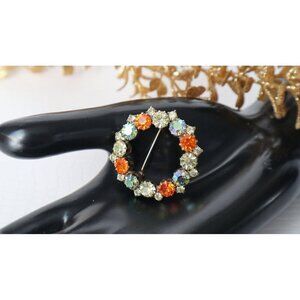 Vintage Rhinestone Brooch Orange & Aurora Borealis Rhinestones Pin